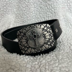 Chrome Cross Belt Buckle with Black Belt - Size 32